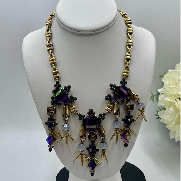 J. Crew Iridescent Dark Purple Green Rhinestone Spear Dangles Bib Necklace - Picture 1 of 9